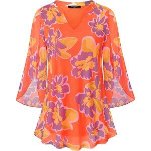 👑 Womens Orange Purple Mesh 3/4 Sleeve V Neck Lose Fit Double Layers Tunic Tops